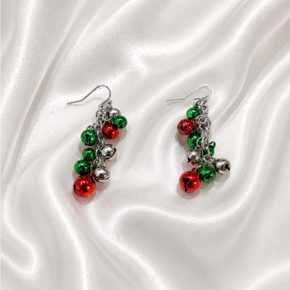 Festive Red, Green & Silver Jingle Bell Drop Earrings